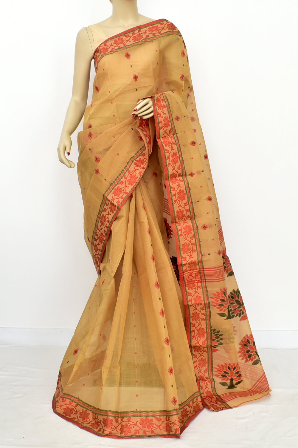 Fawn-Red Handloom Tant Cotton Saree