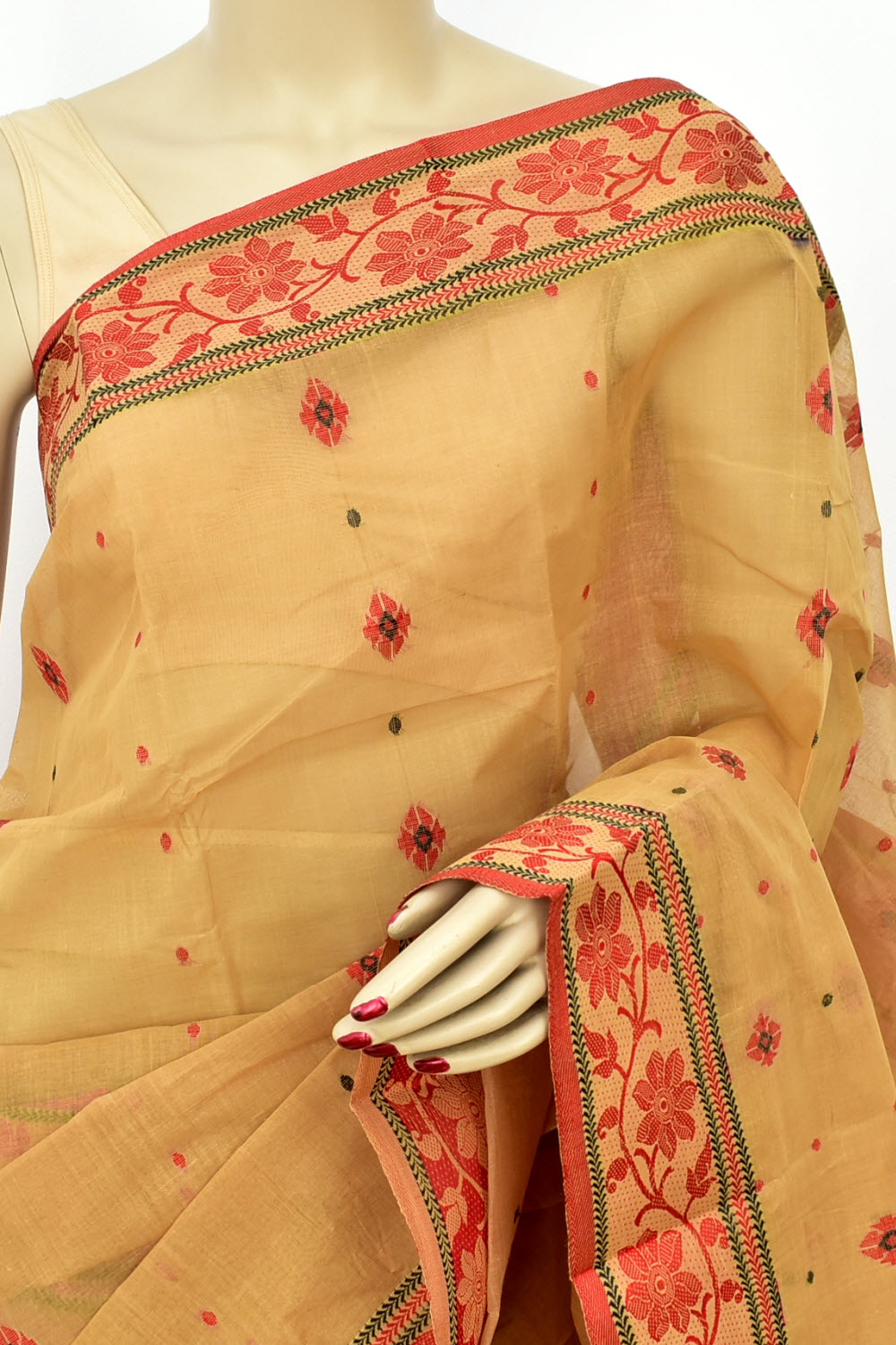Fawn-Red Handloom Tant Cotton Saree