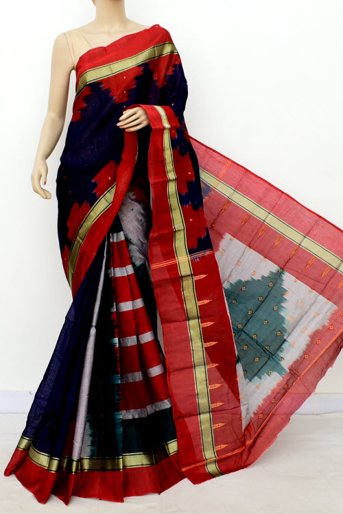 Red-Navy Blue Handloom Tant Cotton Saree