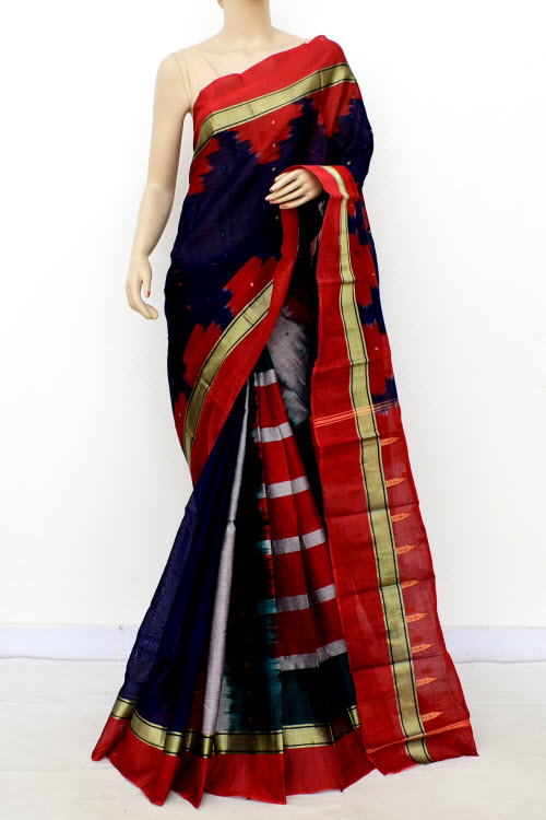 Red-Navy Blue Handloom Tant Cotton Saree