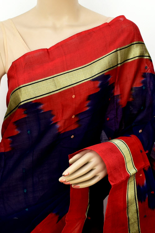 Red-Navy Blue Handloom Tant Cotton Saree