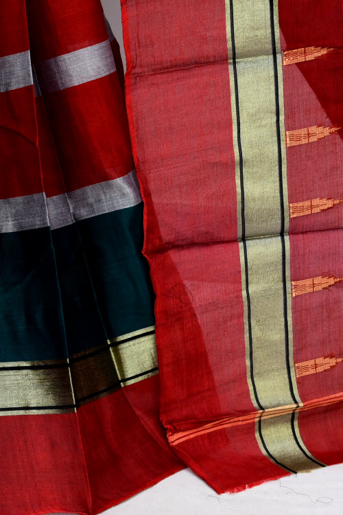 Red-Navy Blue Handloom Tant Cotton Saree