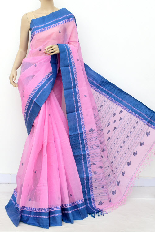 Pink-Blue Handloom Tant Cotton Saree with Blouse