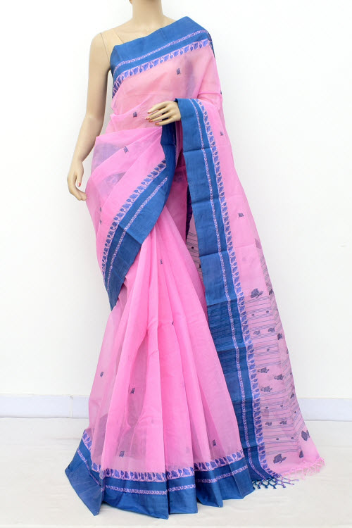 Pink-Blue Handloom Tant Cotton Saree with Blouse