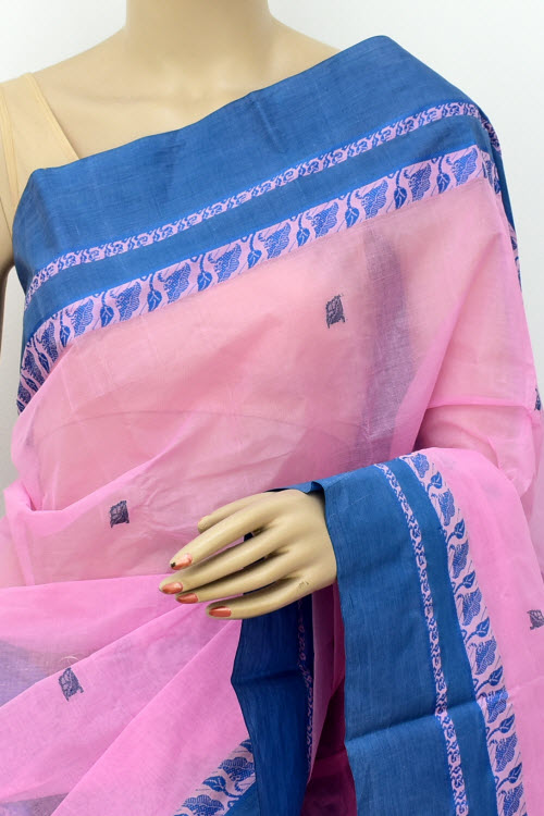 Pink-Blue Handloom Tant Cotton Saree with Blouse