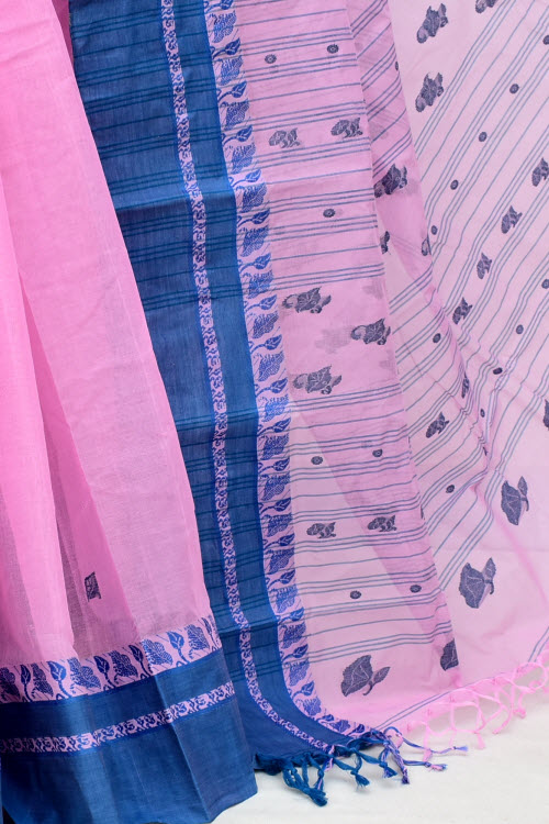 Pink-Blue Handloom Tant Cotton Saree with Blouse