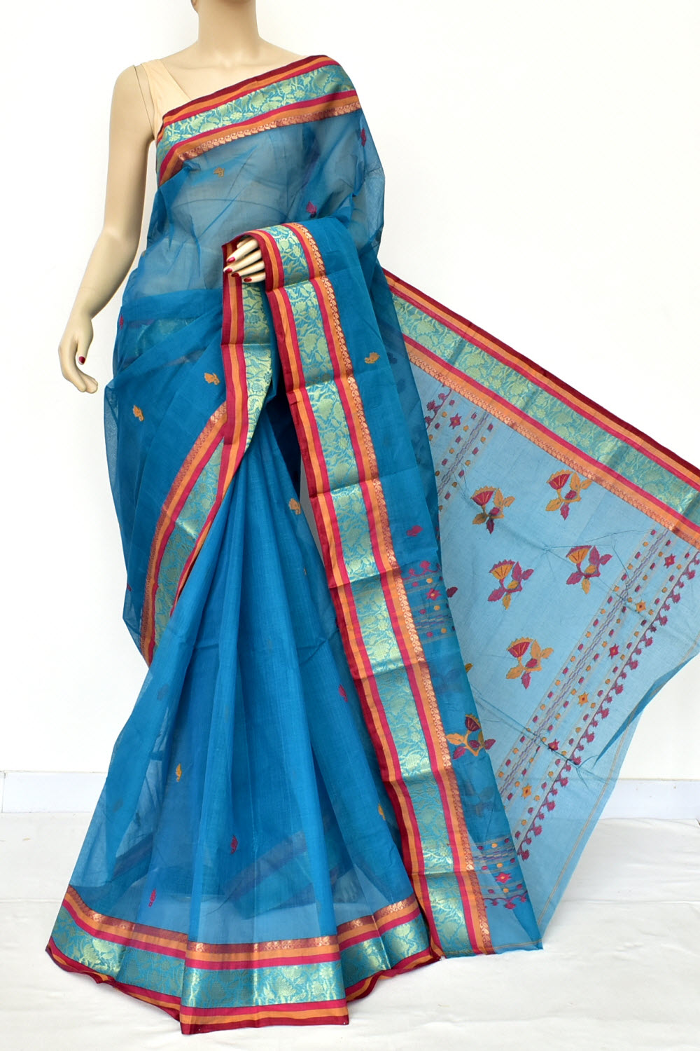 Pherozi Blue Handloom Tant Cotton Saree