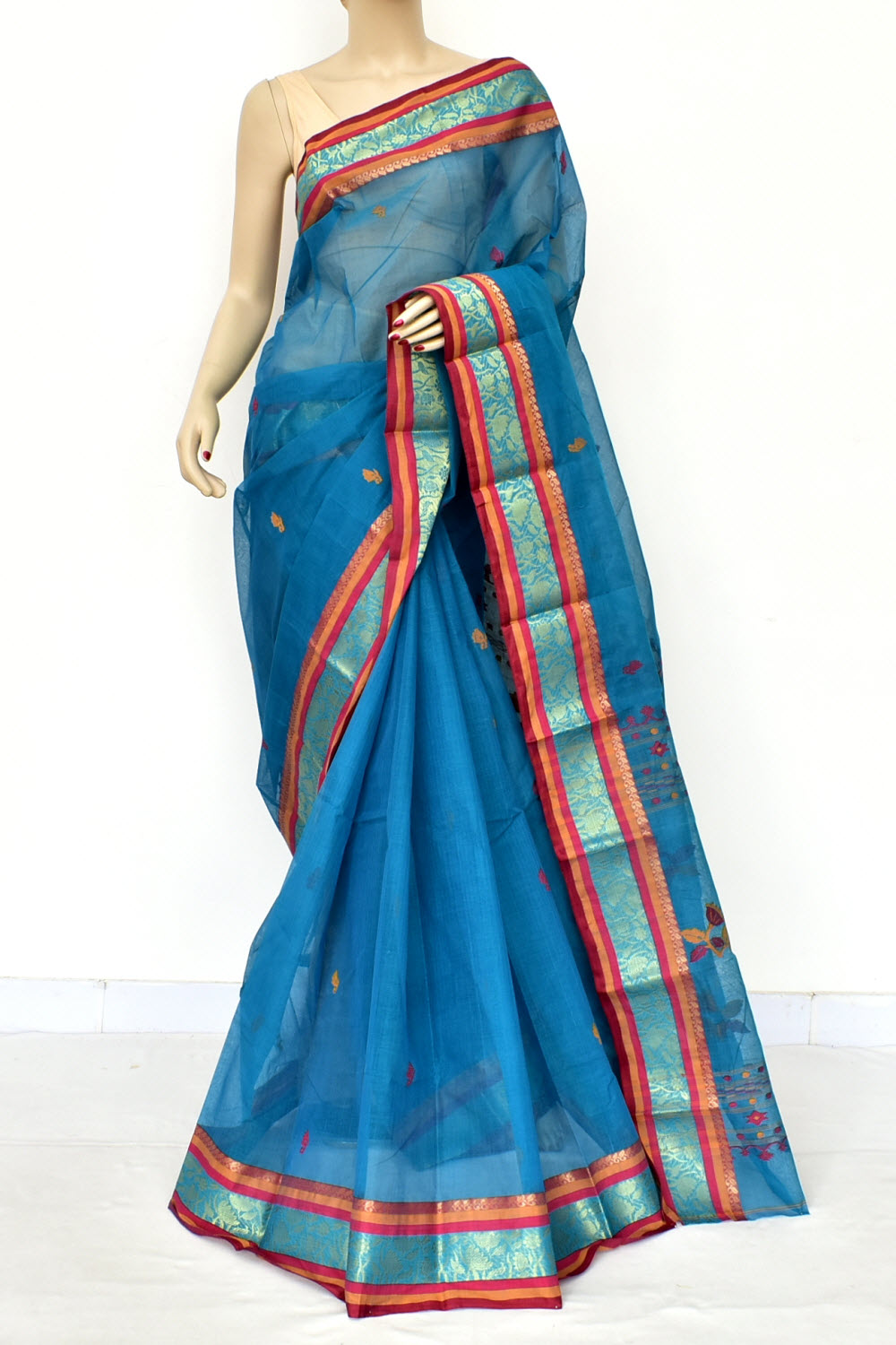 Pherozi Blue Handloom Tant Cotton Saree