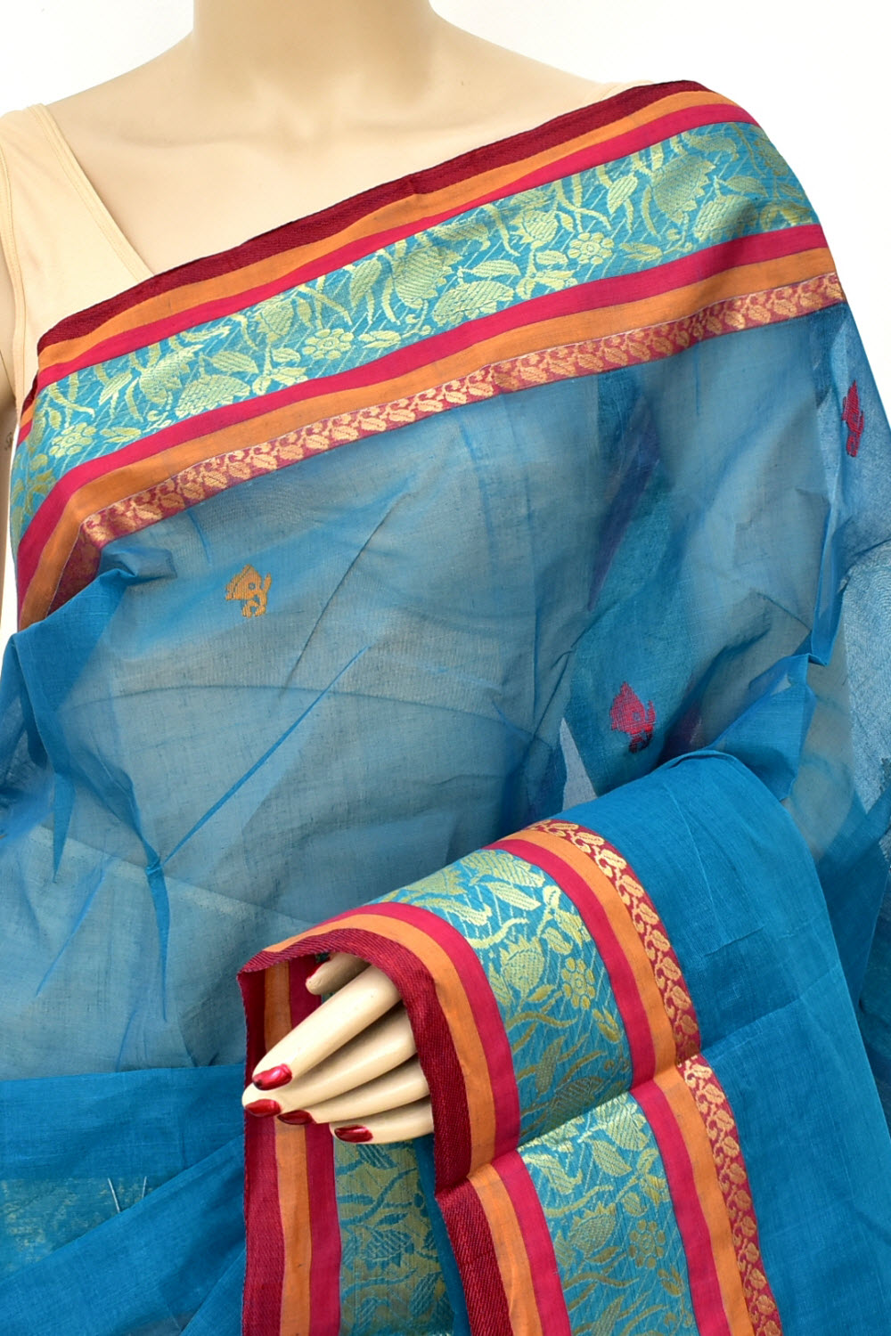 Pherozi Blue Handloom Tant Cotton Saree