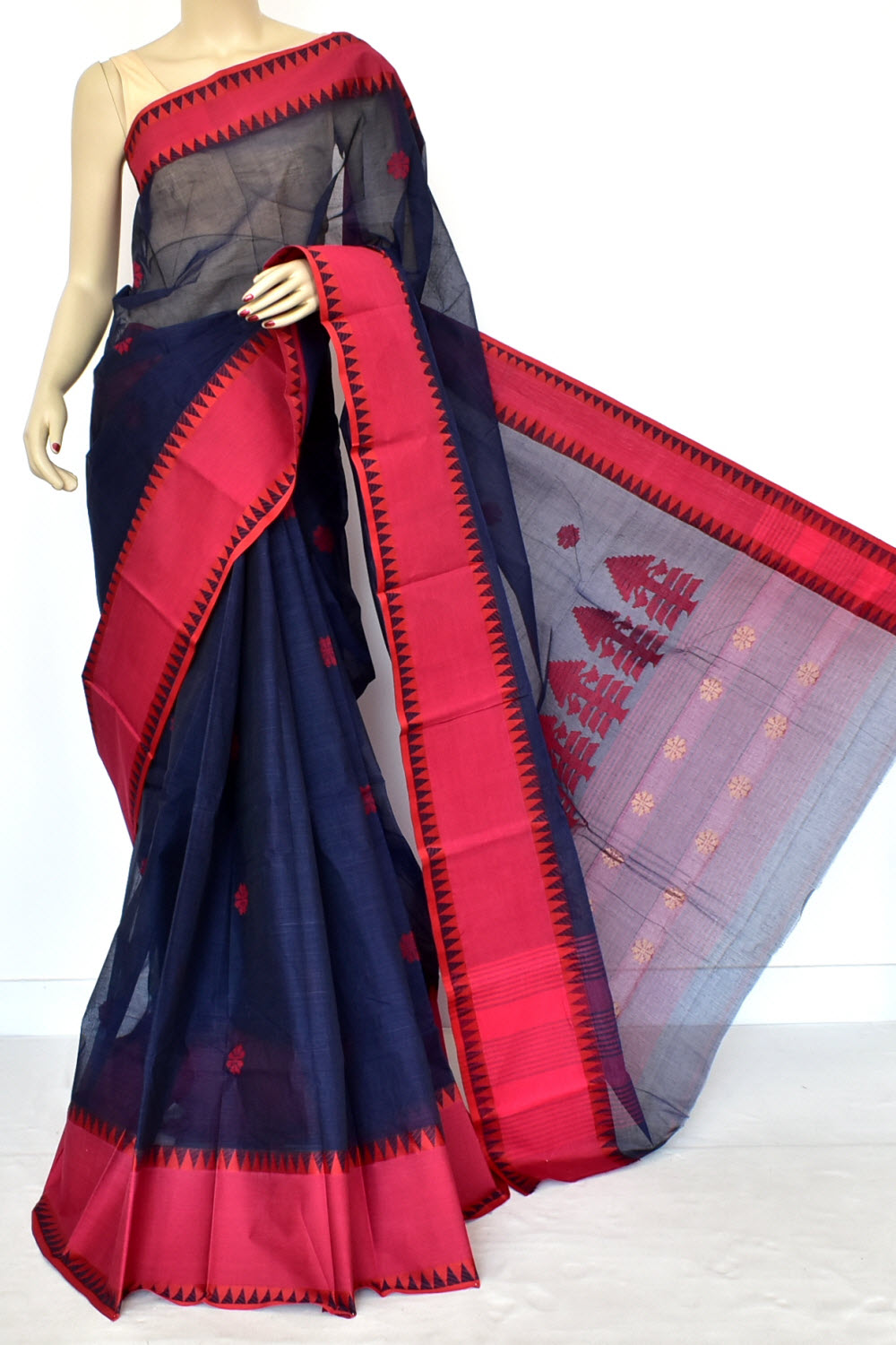 Nevy Blue Red Handloom Tant Cotton Saree with Blouse 17587