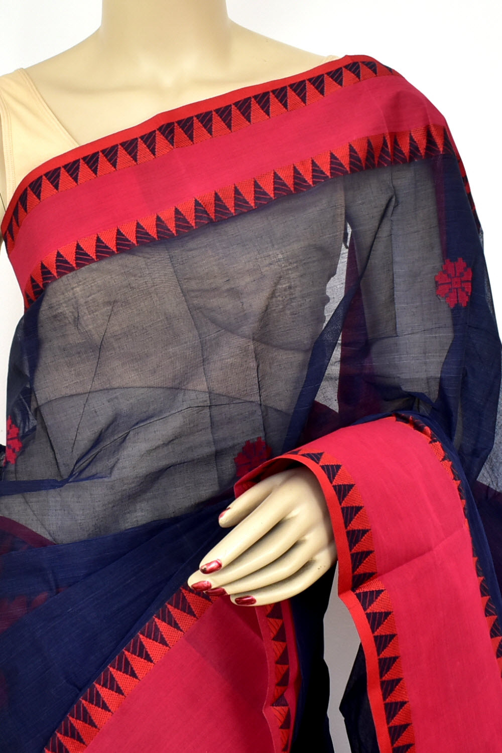Nevy Blue Red Handloom Tant Cotton Saree with Blouse 17587