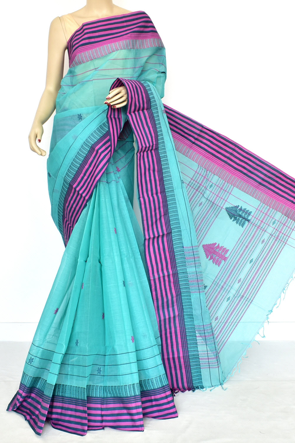 Sea Green Handloom Tant Cotton Saree with Blouse 17592