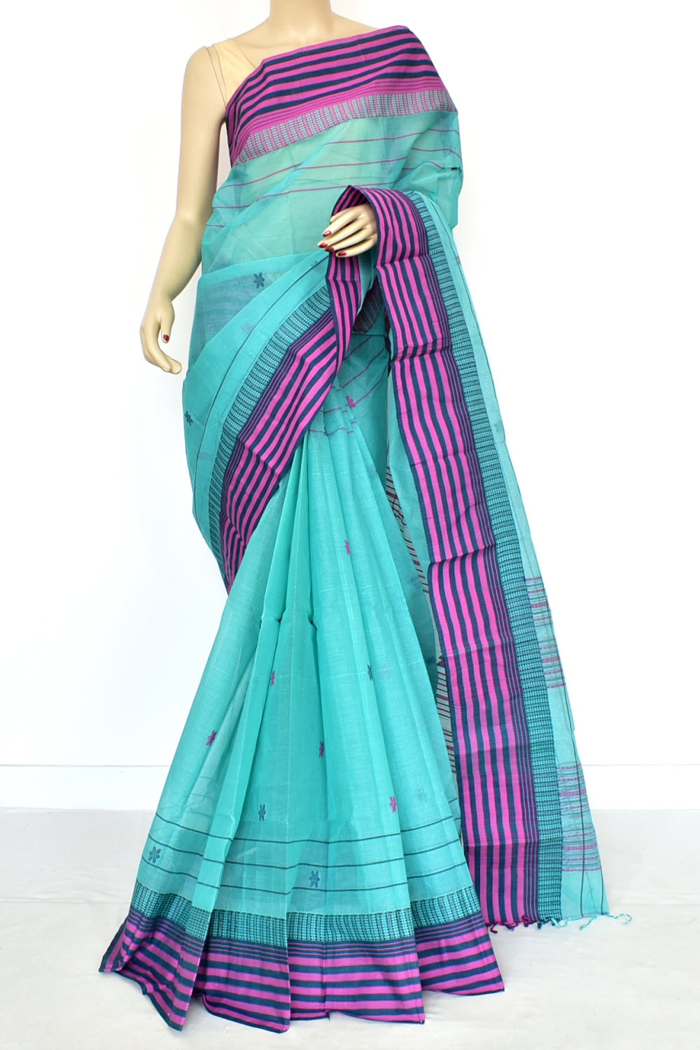 Sea Green Handloom Tant Cotton Saree with Blouse 17592