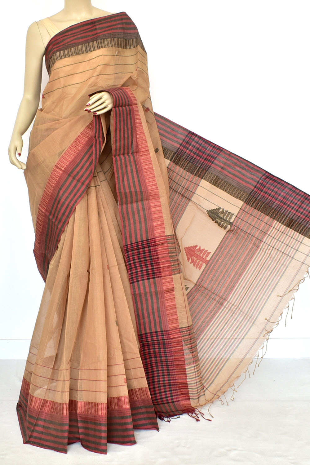Fawn Handloom Tant Cotton Saree with Blouse 17593