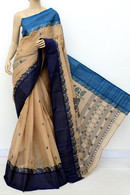 Fawn Handloom Tant Cotton Saree Ganga Yamuna Border