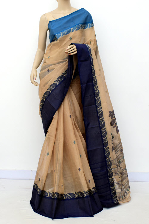 Fawn Handloom Tant Cotton Saree Ganga Yamuna Border