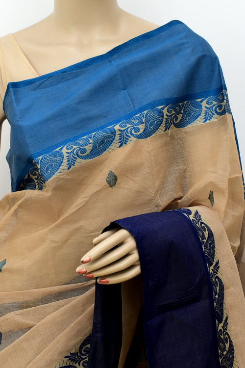 Fawn Handloom Tant Cotton Saree Ganga Yamuna Border