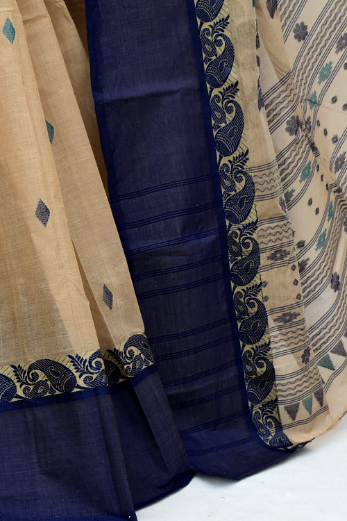 Fawn Handloom Tant Cotton Saree Ganga Yamuna Border