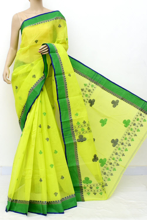 Lemon Green Handloom Tant Cotton Saree with Blouse