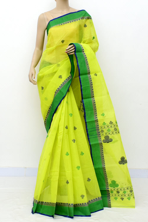 Lemon Green Handloom Tant Cotton Saree with Blouse