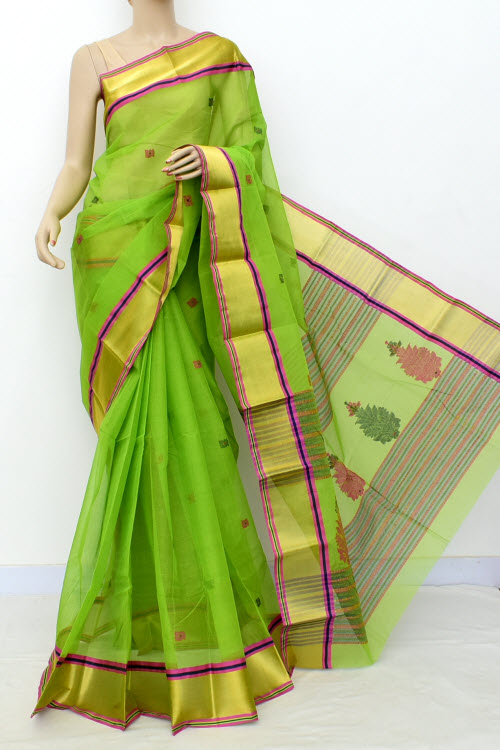 Parrot Green Handloom Tant Cotton Saree with Blouse
