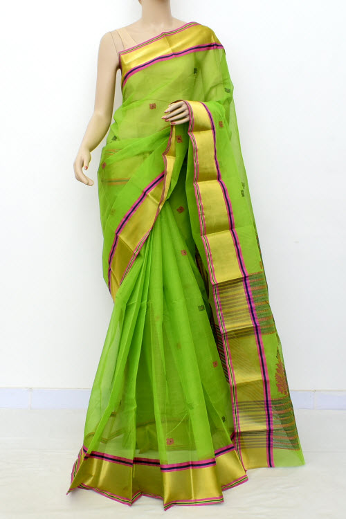 Parrot Green Handloom Tant Cotton Saree with Blouse