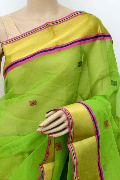 Parrot Green Handloom Tant Cotton Saree with Blouse