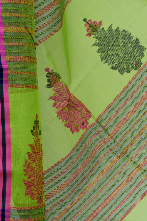 Parrot Green Handloom Tant Cotton Saree with Blouse