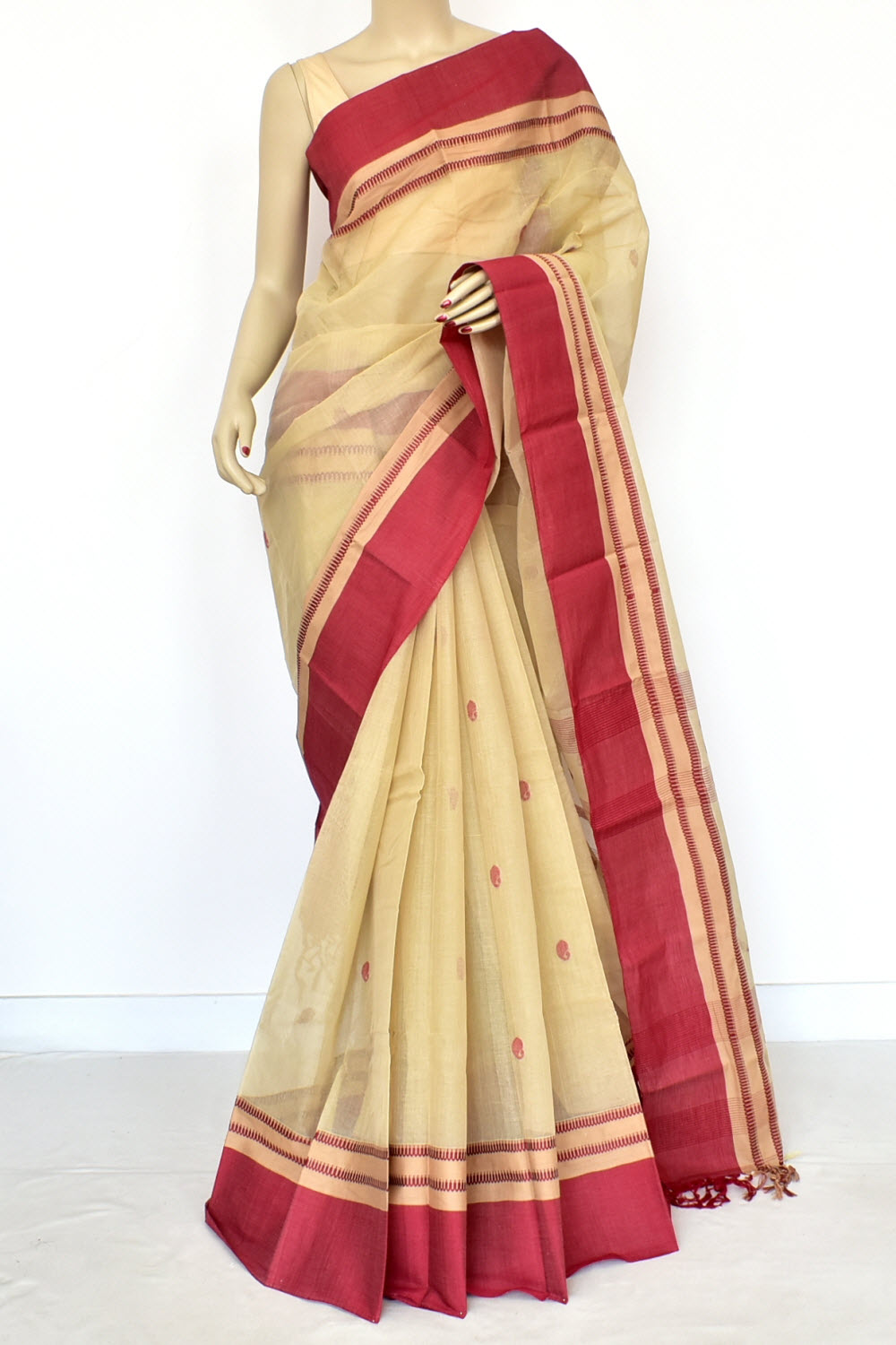 Beige Red Handloom Tant Cotton Saree with Blouse 17604