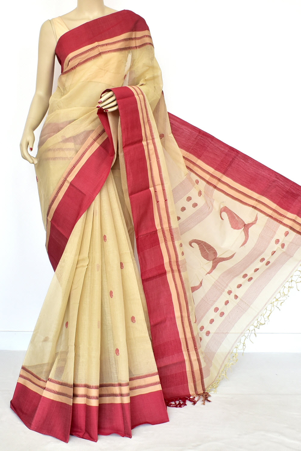 Beige Red Handloom Tant Cotton Saree with Blouse 17604