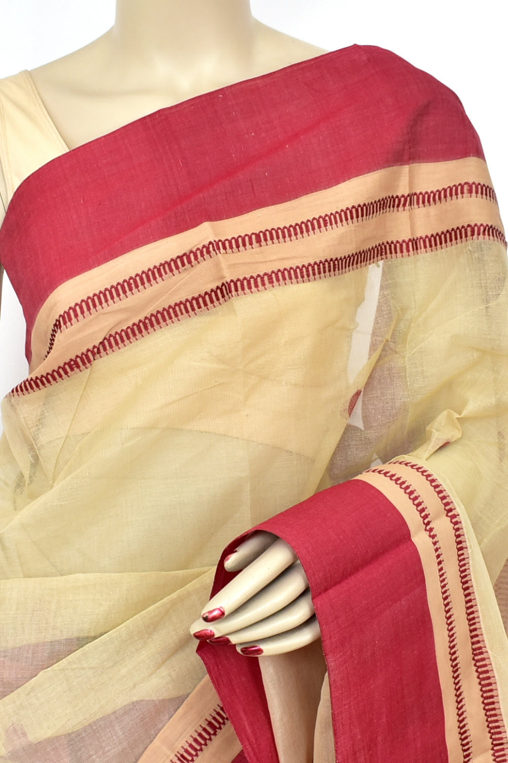 Beige Red Handloom Tant Cotton Saree with Blouse 17604