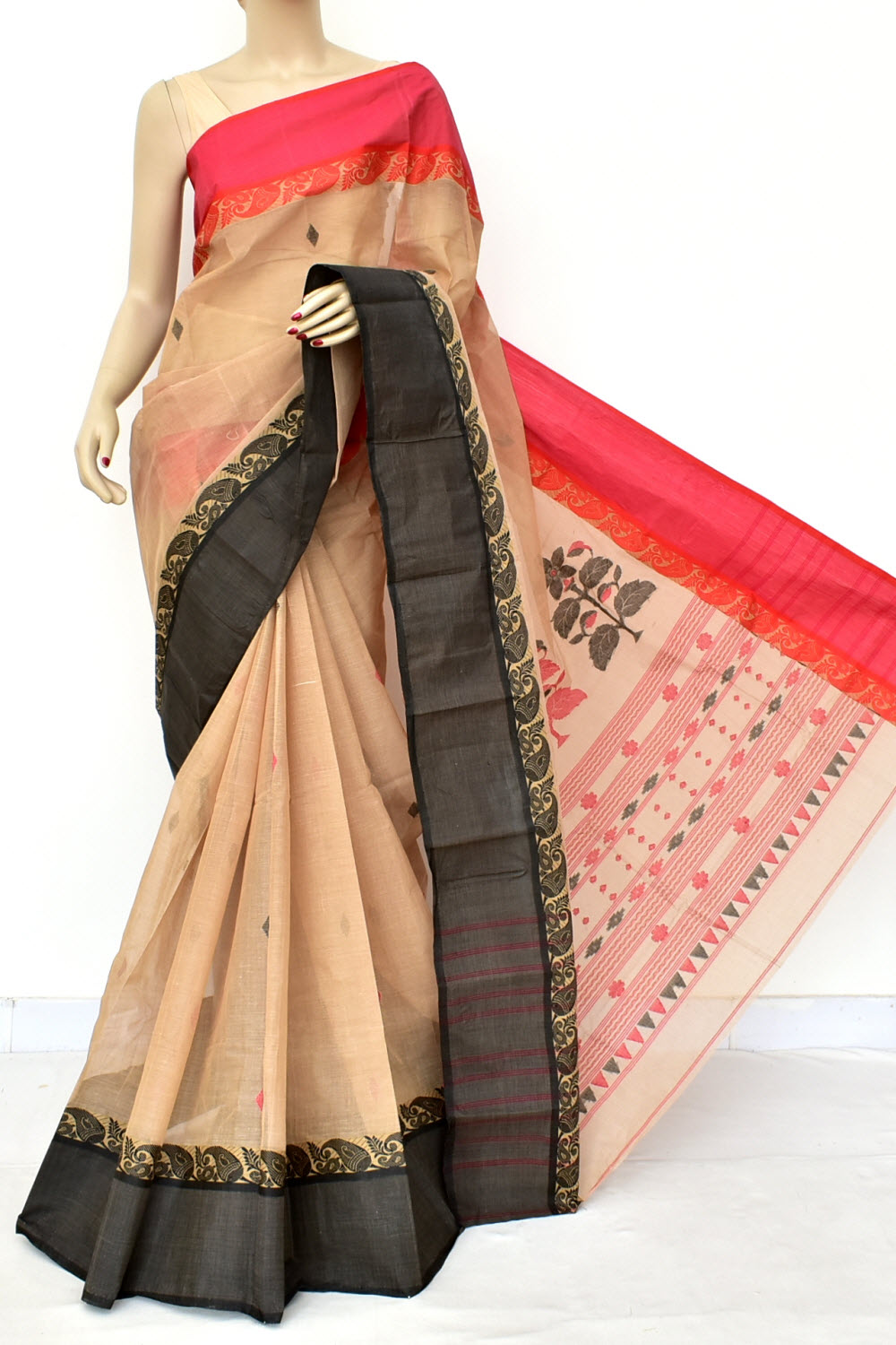 Fawn Handloom Tant Cotton Saree Ganga Yamuna Border