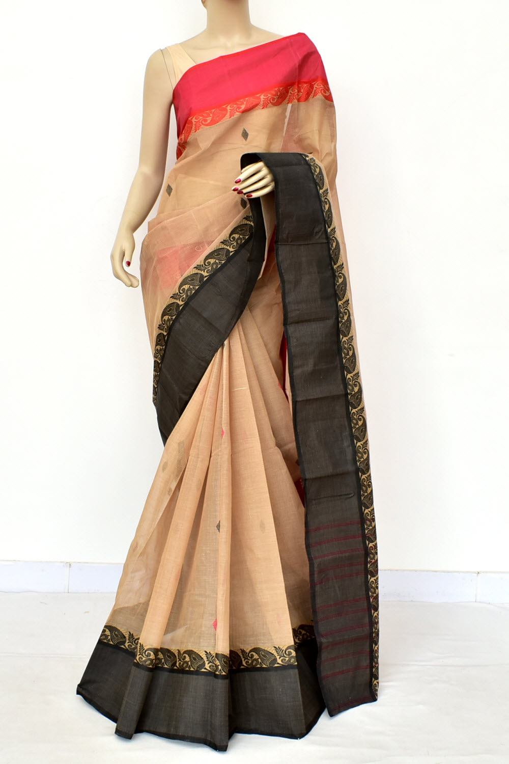 Fawn Handloom Tant Cotton Saree Ganga Yamuna Border