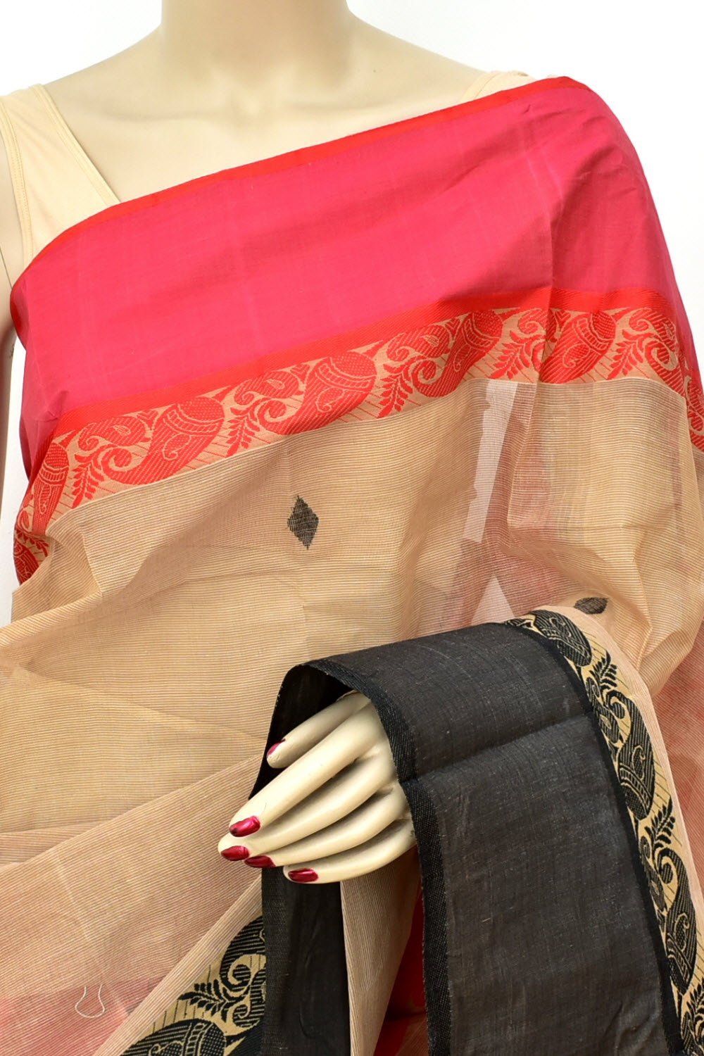 Fawn Handloom Tant Cotton Saree Ganga Yamuna Border