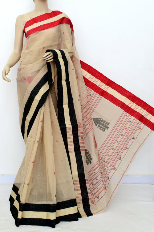 Beige Handloom Tant Cotton Saree Ganga Yamuna Border