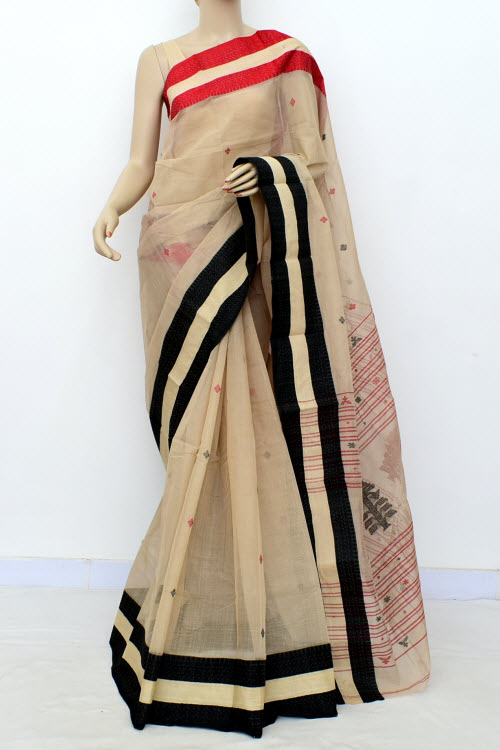 Beige Handloom Tant Cotton Saree Ganga Yamuna Border