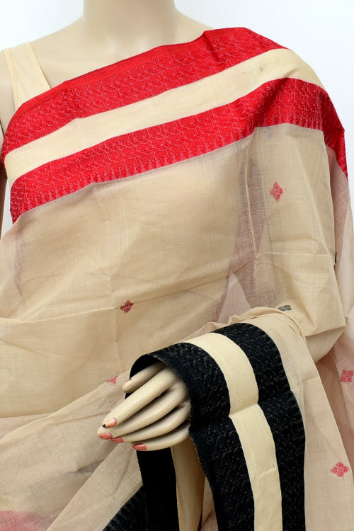 Beige Handloom Tant Cotton Saree Ganga Yamuna Border