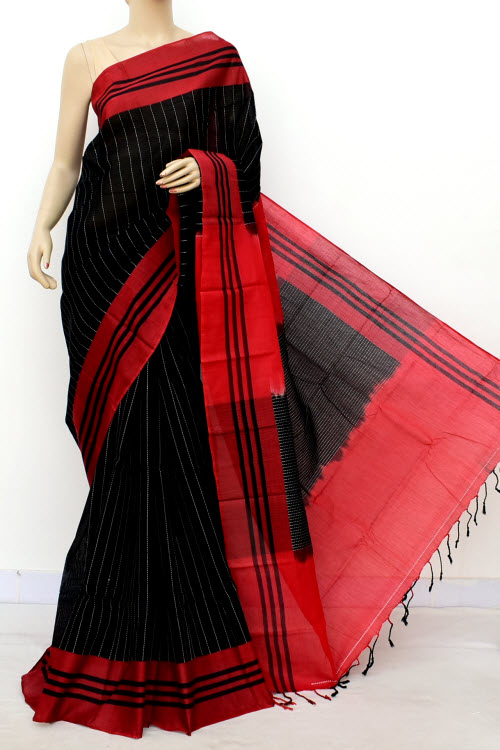 Black-Red Handloom Soft Cotton Tant Saree