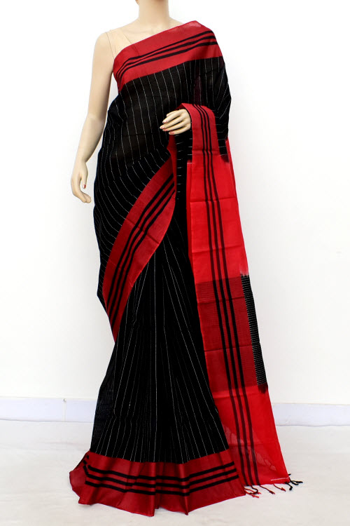 Black-Red Handloom Soft Cotton Tant Saree