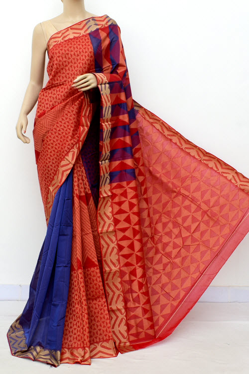 Rust-Blue Handloom Half-Half Tant Cotton Saree