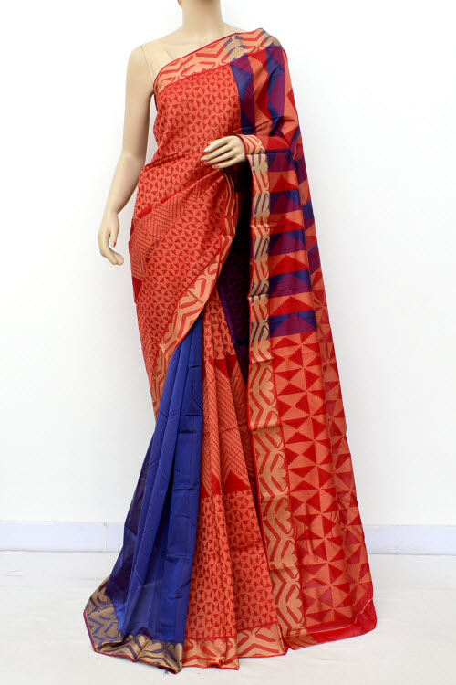 Rust-Blue Handloom Half-Half Tant Cotton Saree