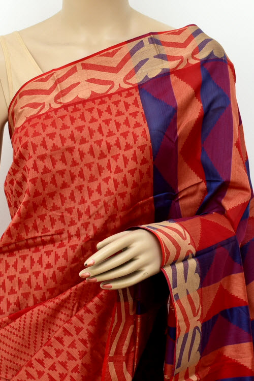 Rust-Blue Handloom Half-Half Tant Cotton Saree