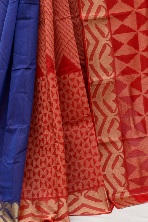 Rust-Blue Handloom Half-Half Tant Cotton Saree