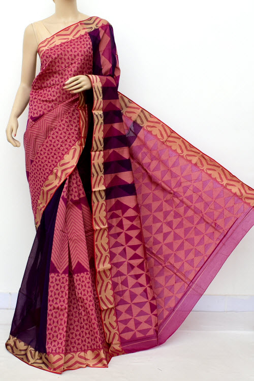 Onion-Navy Blue Handloom Half-Half Tant Cotton Saree