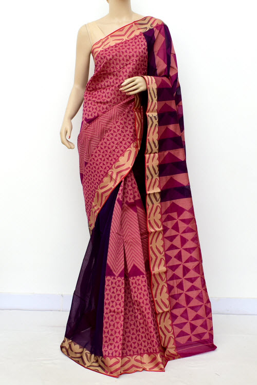 Onion-Navy Blue Handloom Half-Half Tant Cotton Saree