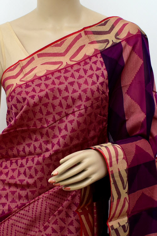 Onion-Navy Blue Handloom Half-Half Tant Cotton Saree