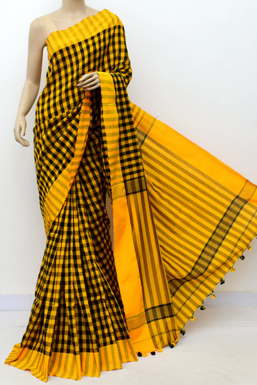 Yellow-Black Handloom Soft Cotton Tant Saree