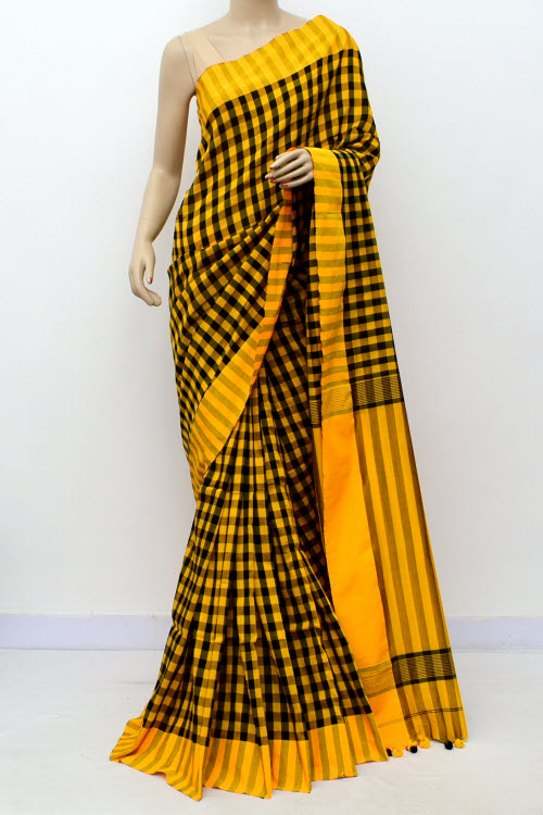 Yellow-Black Handloom Soft Cotton Tant Saree