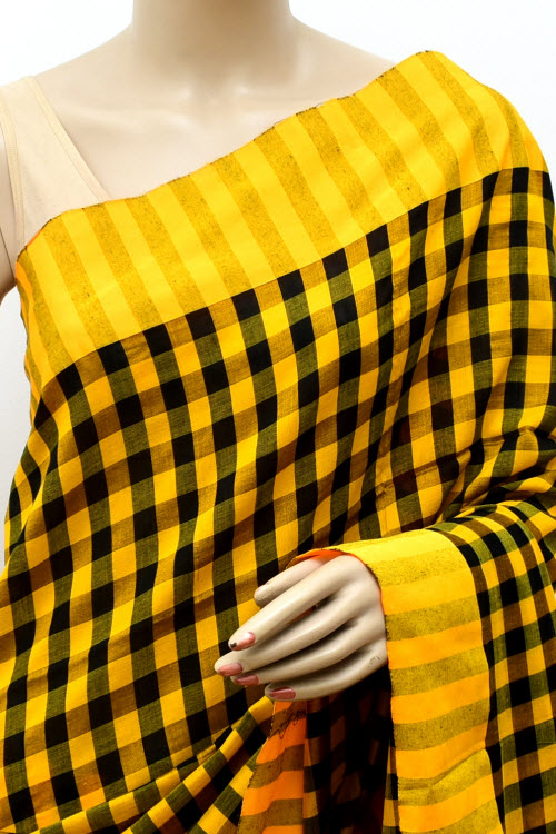 Yellow-Black Handloom Soft Cotton Tant Saree