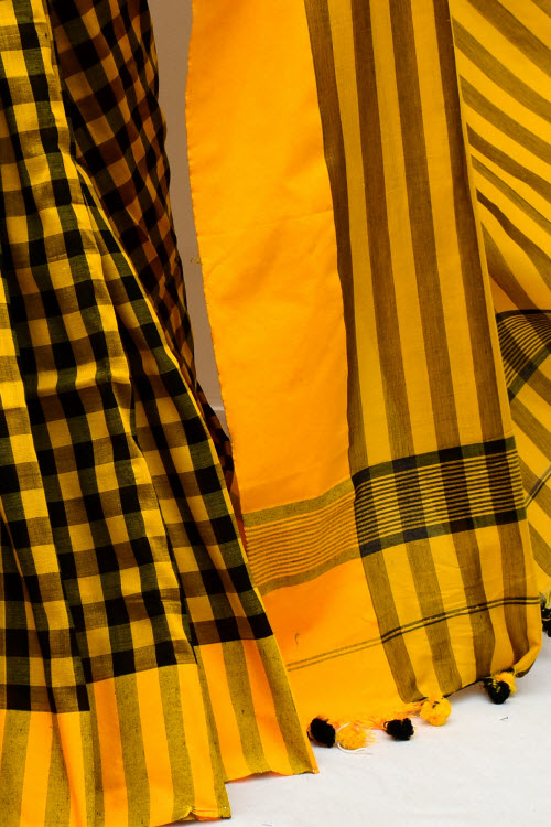 Yellow-Black Handloom Soft Cotton Tant Saree